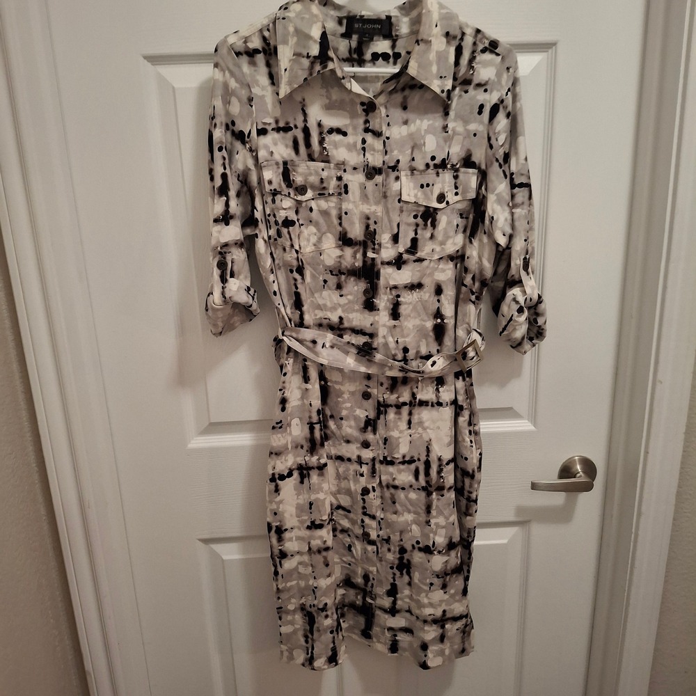 St John Silk Blend Abstract Print Belted‎ Shirt Dress Size 12